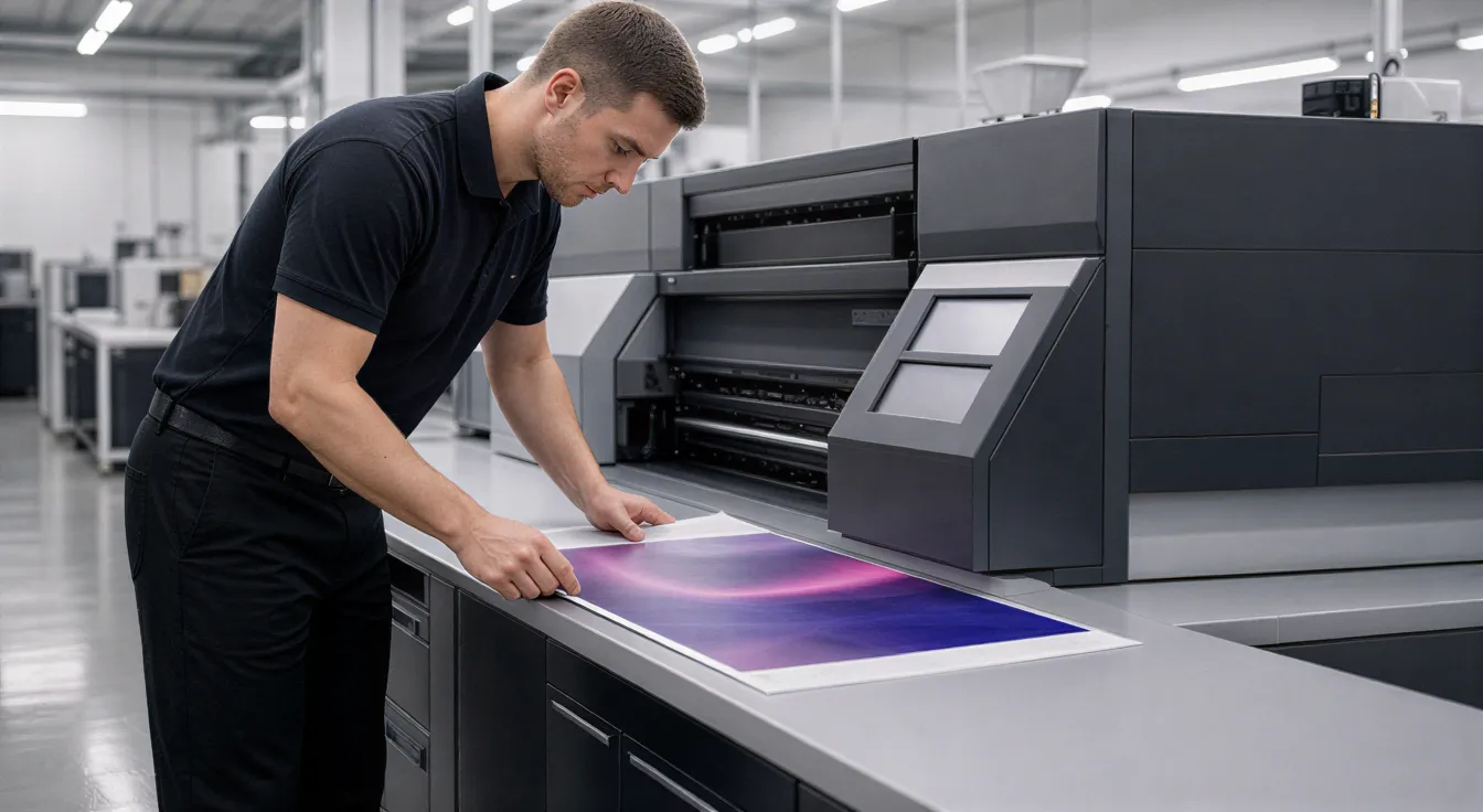Ein Techniker prüft eine farbenfrohe Broschüre an einer großen Digitaldruckmaschine in einer modernen Druckerei.