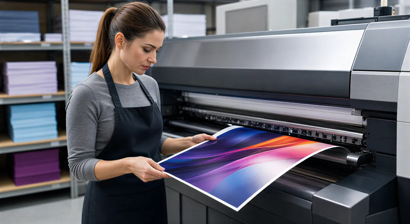 Eine Drucktechnikerin prüft sorgfältig die Farben einer frisch gedruckten Hochglanzbroschüre an einer modernen Druckmaschine.