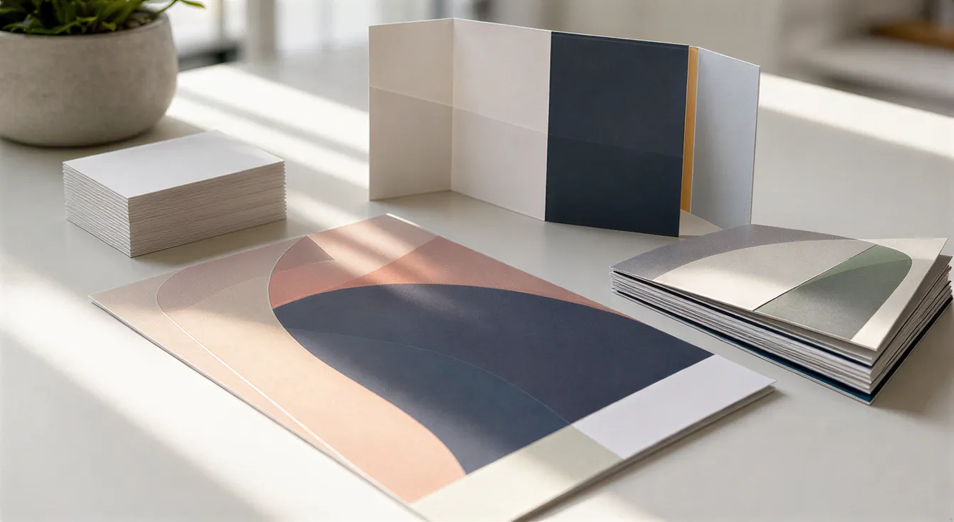 Ein moderner Schreibtisch mit hochwertigen Marketingmaterialien wie Visitenkarten und Flyern in gedämpften Farben.