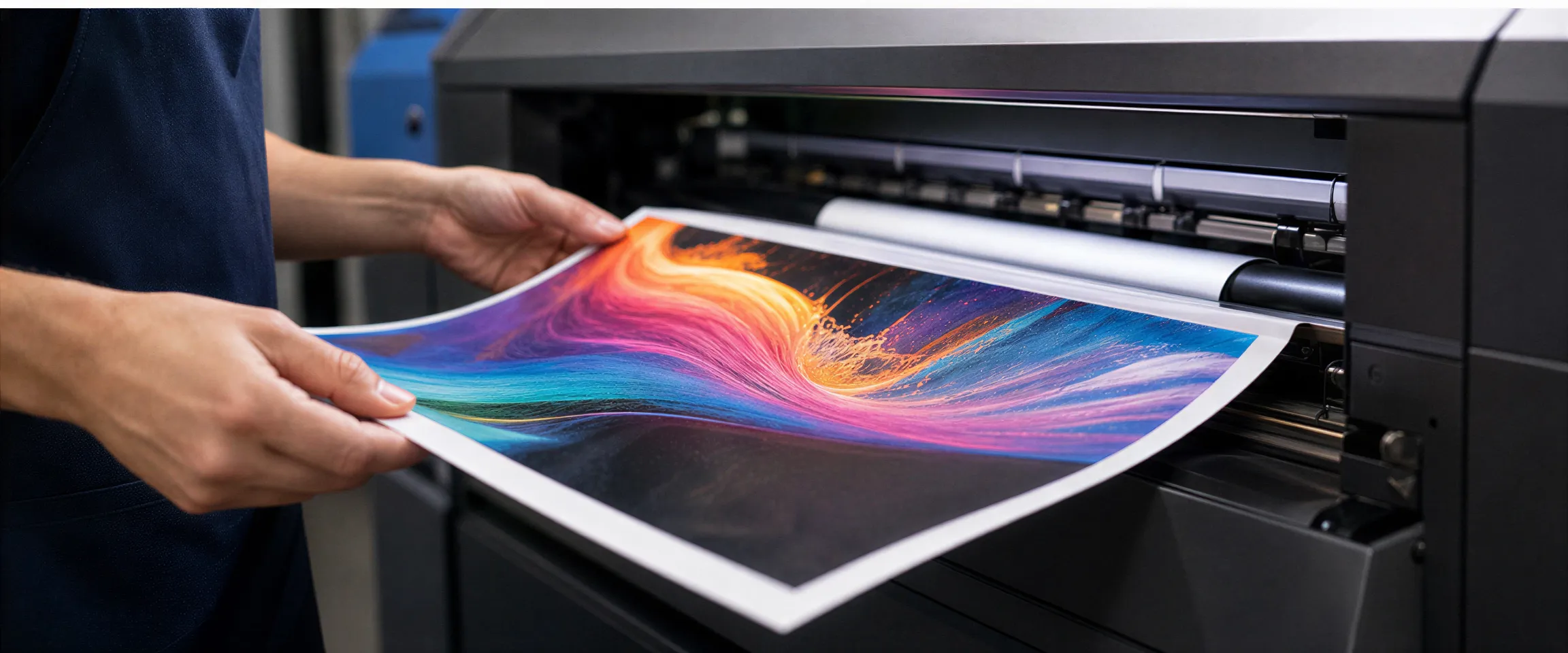 Eine Fachkraft prüft ein farbenfrohes, glänzendes Flugblatt an einer großen Digitaldruckmaschine in einer sauberen Werkstatt.