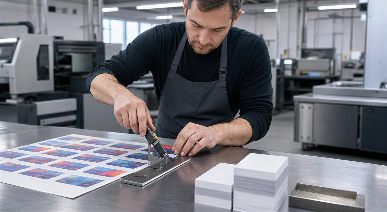 Ein Drucktechniker in einer Schürze richtet handgedruckte Visitenkarten auf einem Edelstahltisch aus.