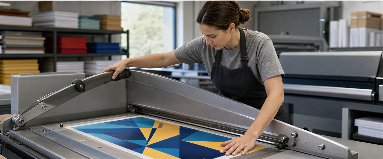 Eine Drucktechnikerin schneidet mit einer großen Schneidemaschine ein farbenfrohes Poster in einer sauberen Werkstatt.