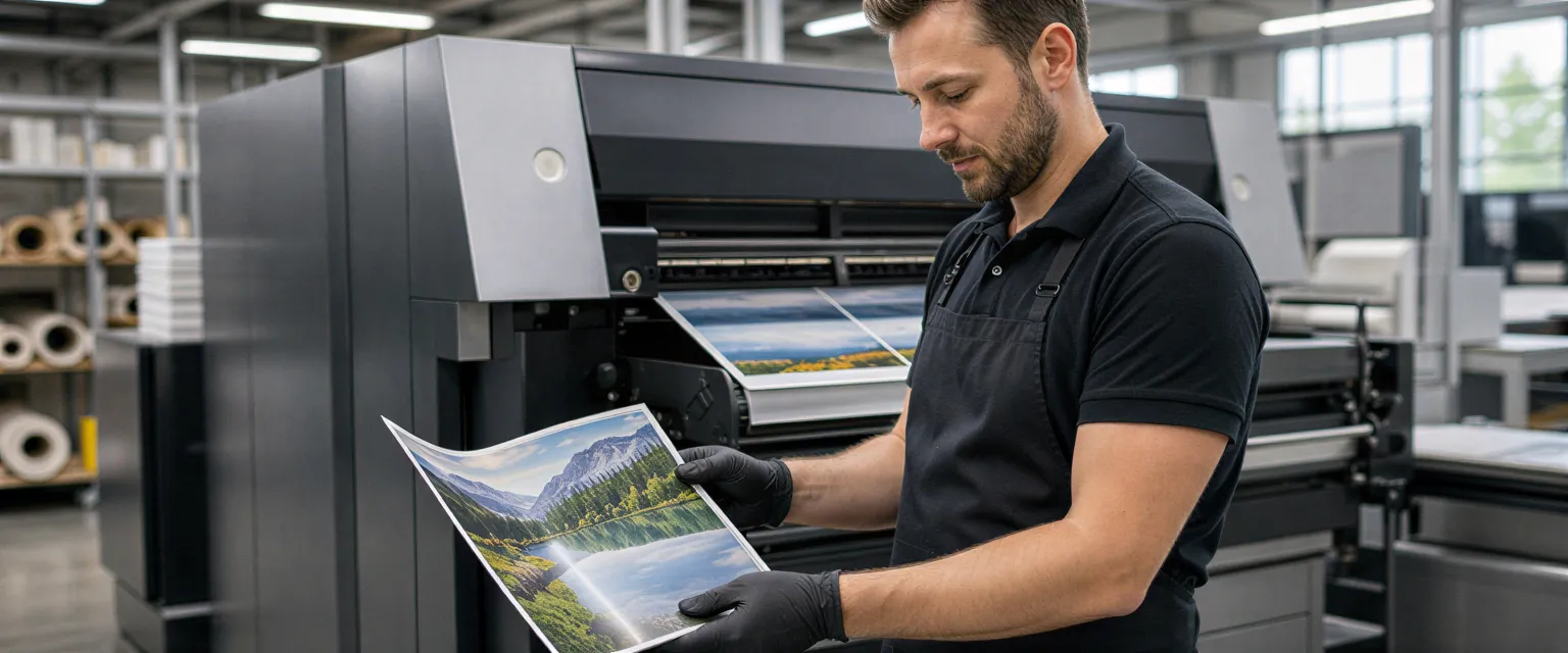 Ein Drucktechniker prüft eine farbenfrohe Broschüre an einer modernen Druckmaschine in einer sauberen Werkstatt.