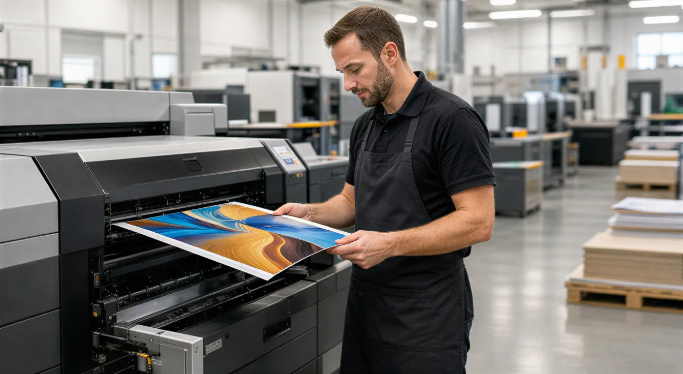 Ein Drucktechniker prüft eine farbenfrohe Broschüre an einer großen Druckmaschine in einer modernen Werkstatt.