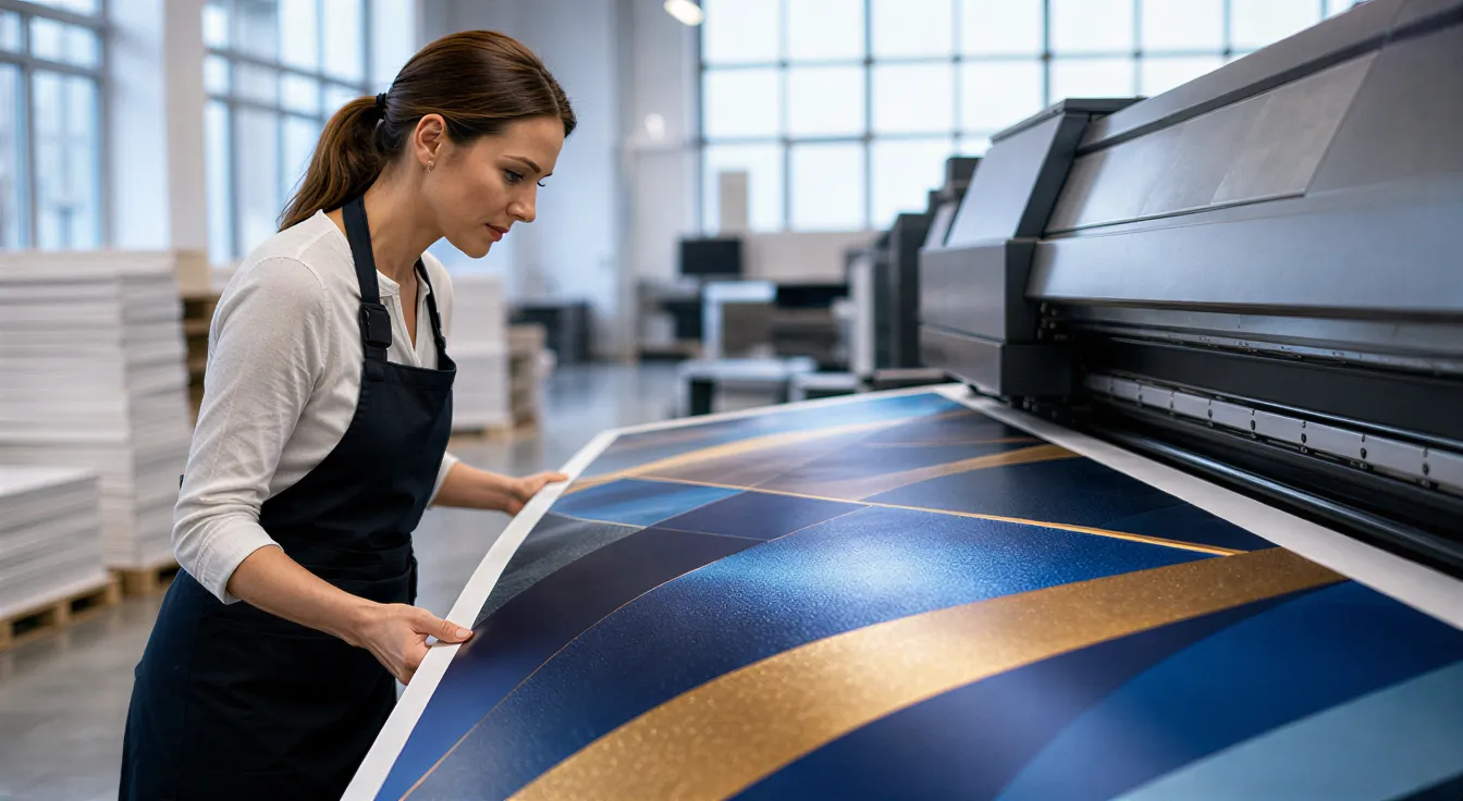 Eine Drucktechnikerin prüft ein großes Banner mit abstrakten Mustern an einem modernen Digitaldrucker in einer hellen