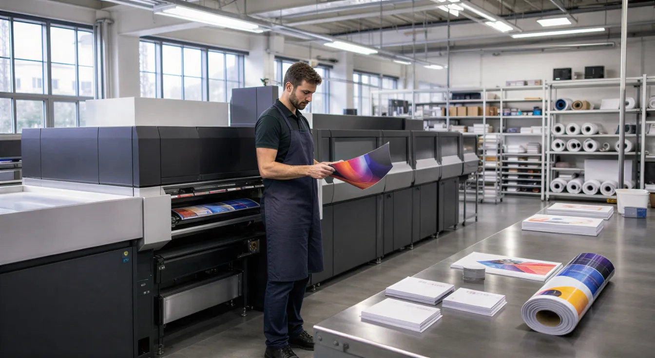 Ein Techniker prüft ein hochglänzendes Flugblatt an einer digitalen Druckmaschine in einer modernen Druckerei.