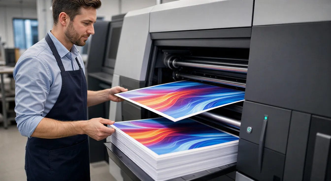 Ein Drucktechniker überwacht eine moderne Druckmaschine, die farbenfrohe Flyer druckt.