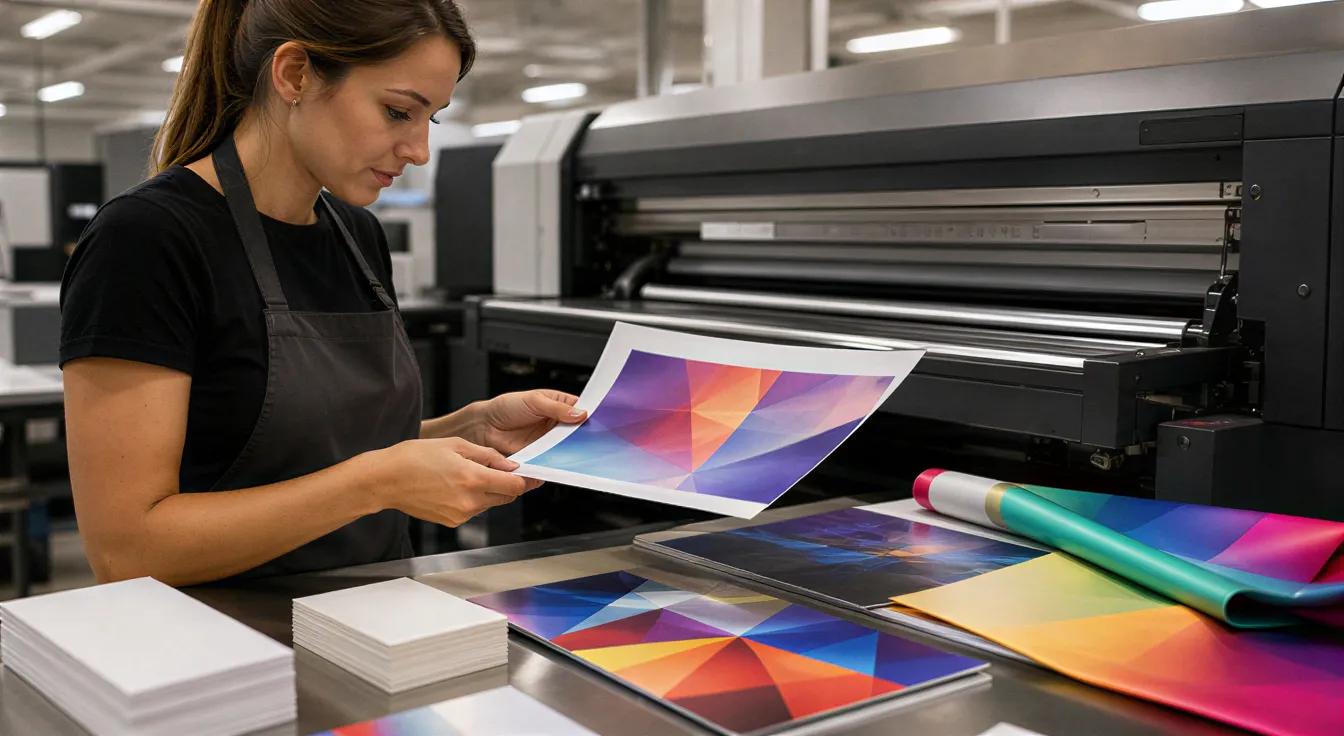 Eine Druckerin in einer Schürze prüft ein farbenfrohes Flugblatt an einer modernen Druckmaschine in einer sauberen Werkstatt.