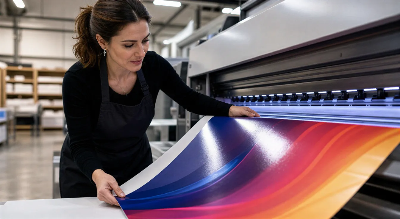 Eine Fachkraft prüft ein frisch gedrucktes Hochglanzbanner an einem modernen Digitaldrucker in einer sauberen Druckerei.