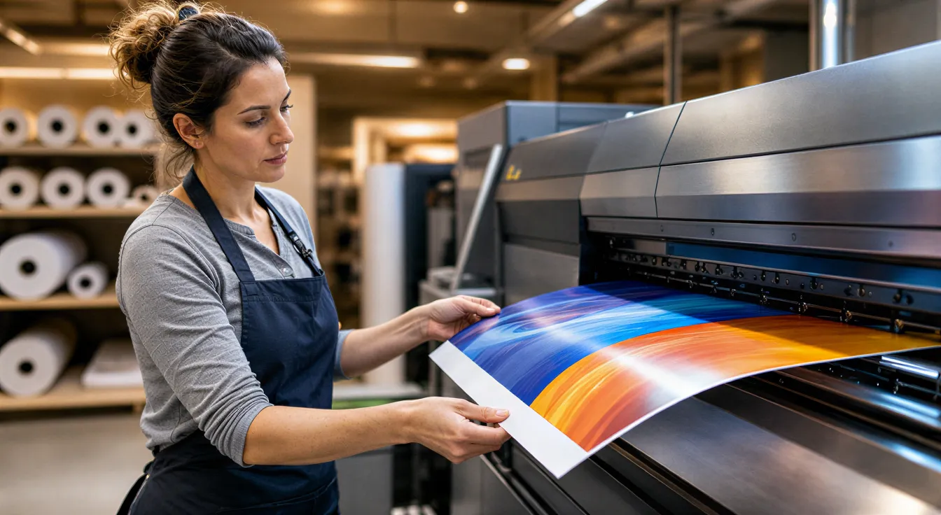 Eine Drucktechnikerin prüft sorgfältig ein farbenfrohes, glänzendes Flugblatt an einem Großformat-Drucker.