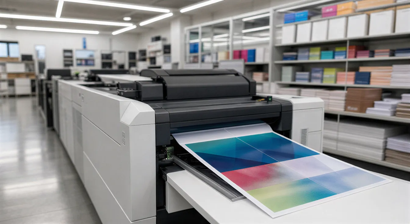 Eine moderne Digitaldruckmaschine druckt eine farbenfrohe Broschüre in einem sauberen und ordentlichen Druckereibetrieb.