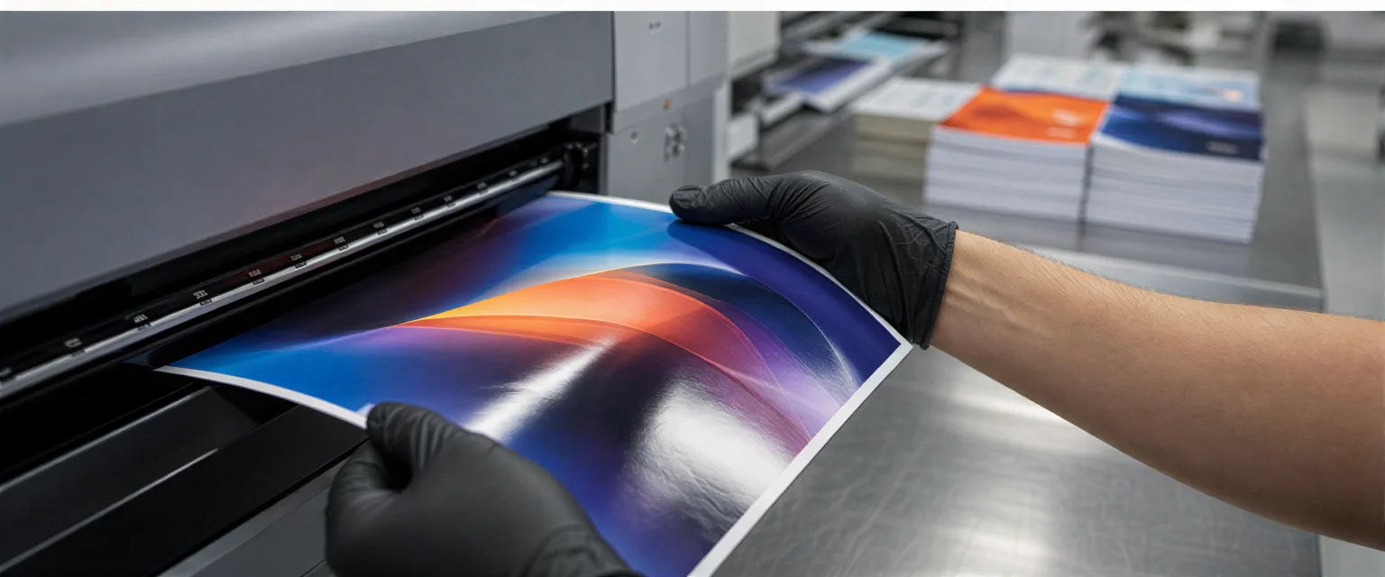Geschickte Hände in schwarzen Handschuhen prüfen eine glänzende Broschüre aus einem Großformatdrucker.