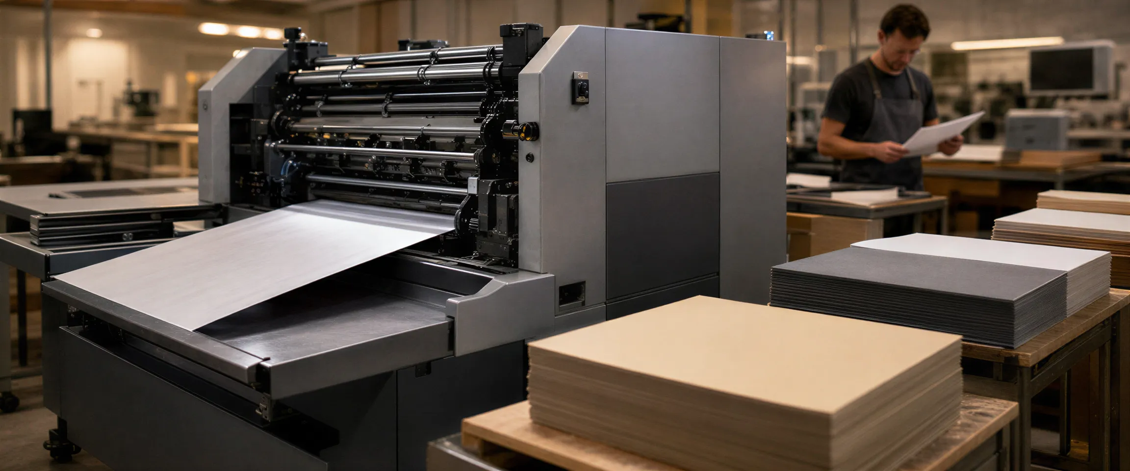 Eine moderne Druckmaschine läuft in einer sauberen Druckerei, während eine Fachkraft einen Probedruck prüft.