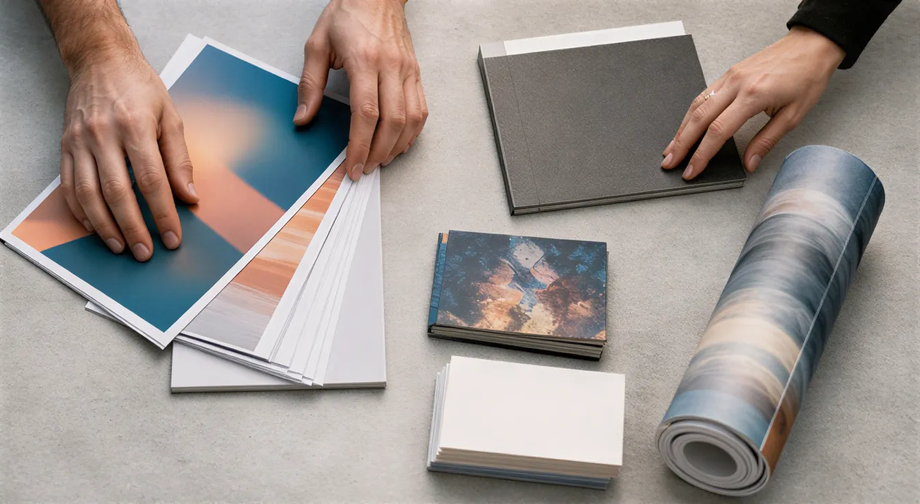 Eine männliche und eine weibliche Hand ordnen bedruckte Marketingmaterialien auf einem grauen Betontisch an.