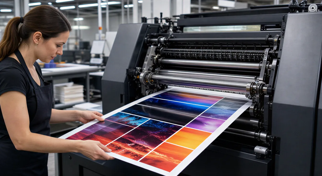 Eine Fachkraft in einer modernen Druckerei prüft sorgfältig ein frisch bedrucktes Blatt Papier an einer großen Druckmaschine.