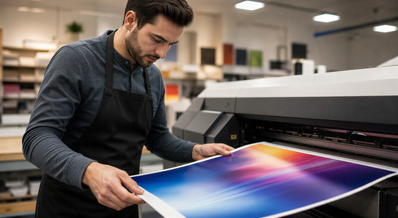 Ein Drucktechniker prüft sorgfältig eine farbenfrohe Broschüre an einer modernen Digitaldruckmaschine in einer sauberen
