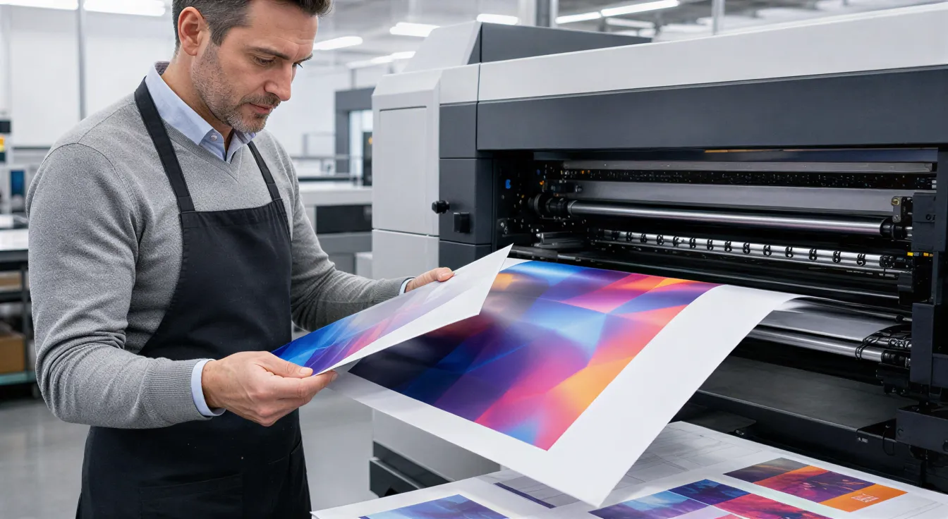 Ein Drucktechniker prüft sorgfältig eine frisch gedruckte Broschüre an einer modernen Druckmaschine.