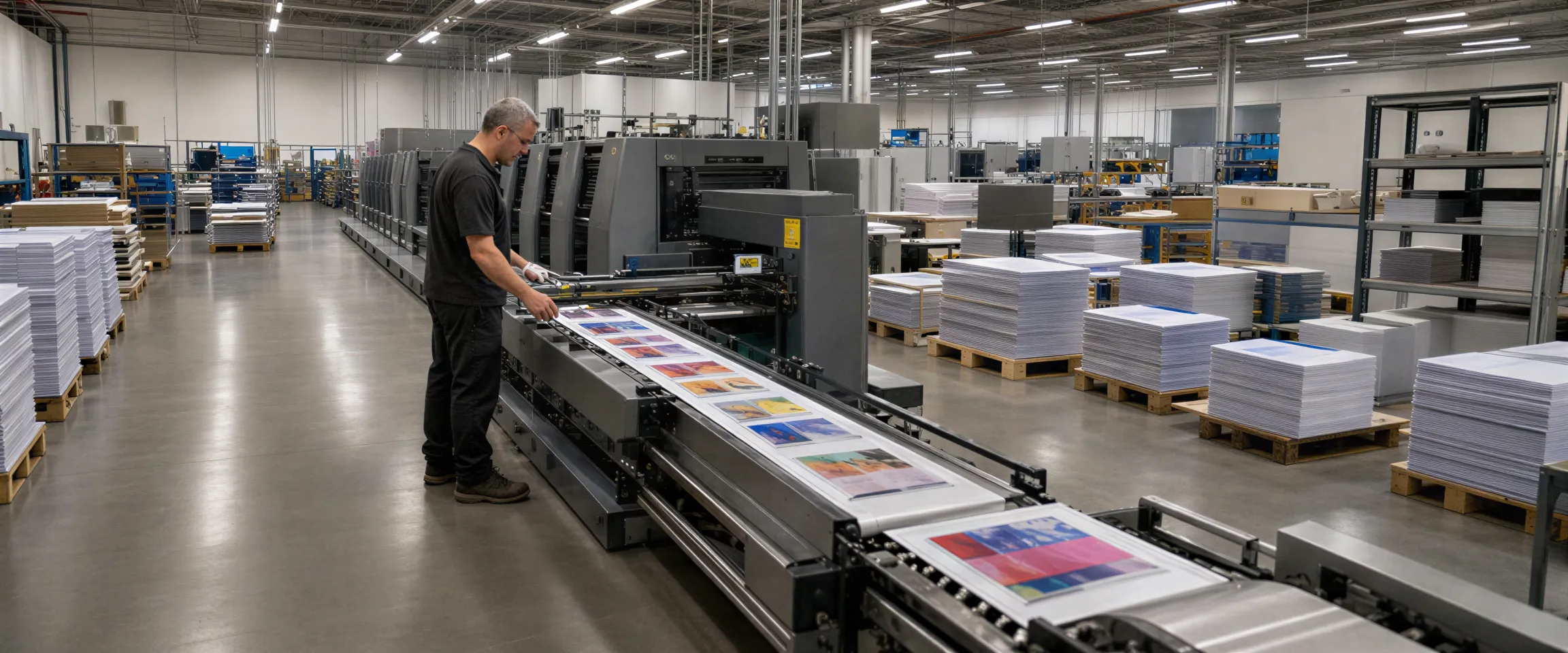 Ein Arbeiter prüft frisch gedruckte Flyer an einer Hochgeschwindigkeits-Offsetdruckmaschine in einer modernen Druckerei.