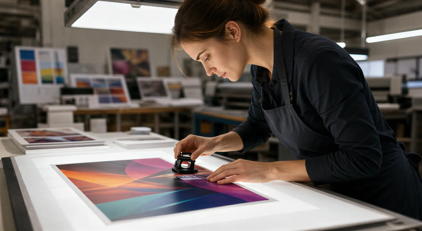 Eine Grafikdesignerin prüft mit einer Lupe einen farbenfrohen Flyer auf einem Leuchttisch in einem modernen Druckstudio.