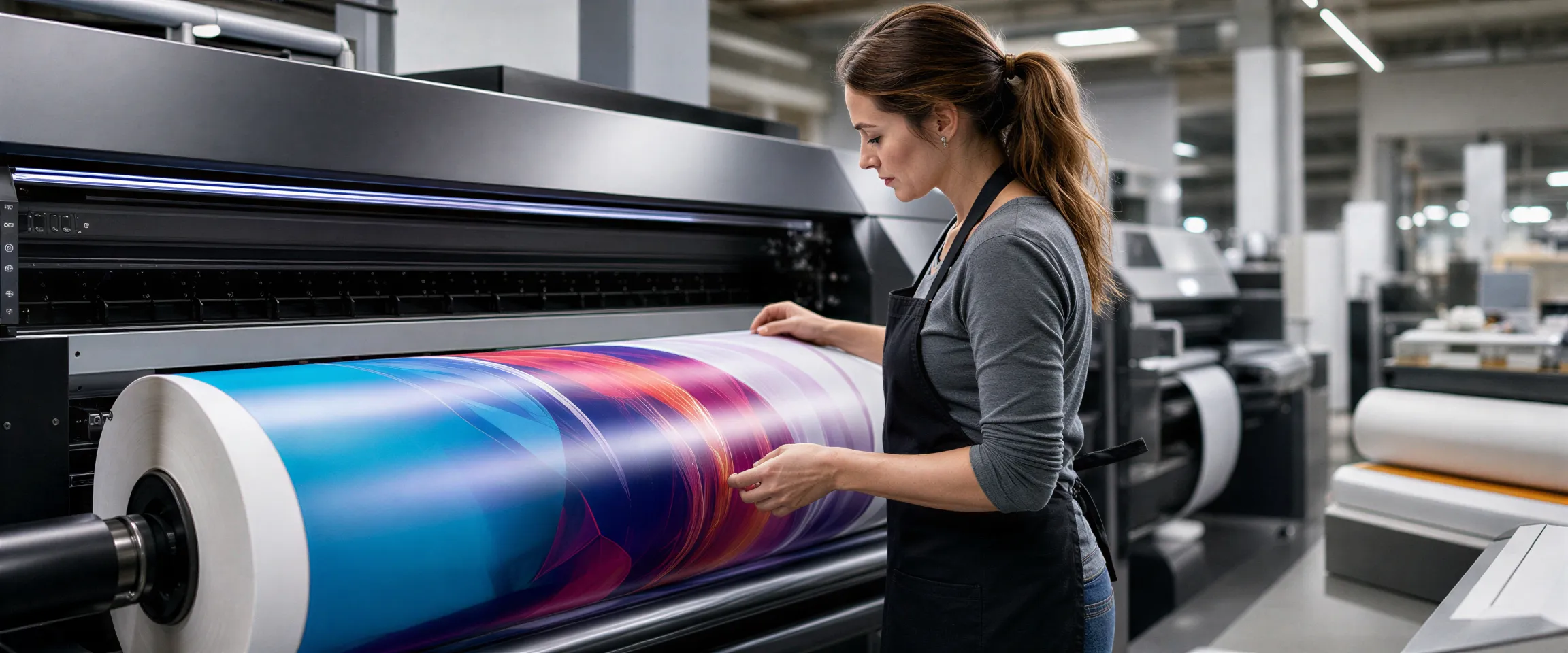Eine Druckerin prüft sorgfältig eine große, frisch bedruckte Papierrolle an einer modernen Digitaldruckmaschine.