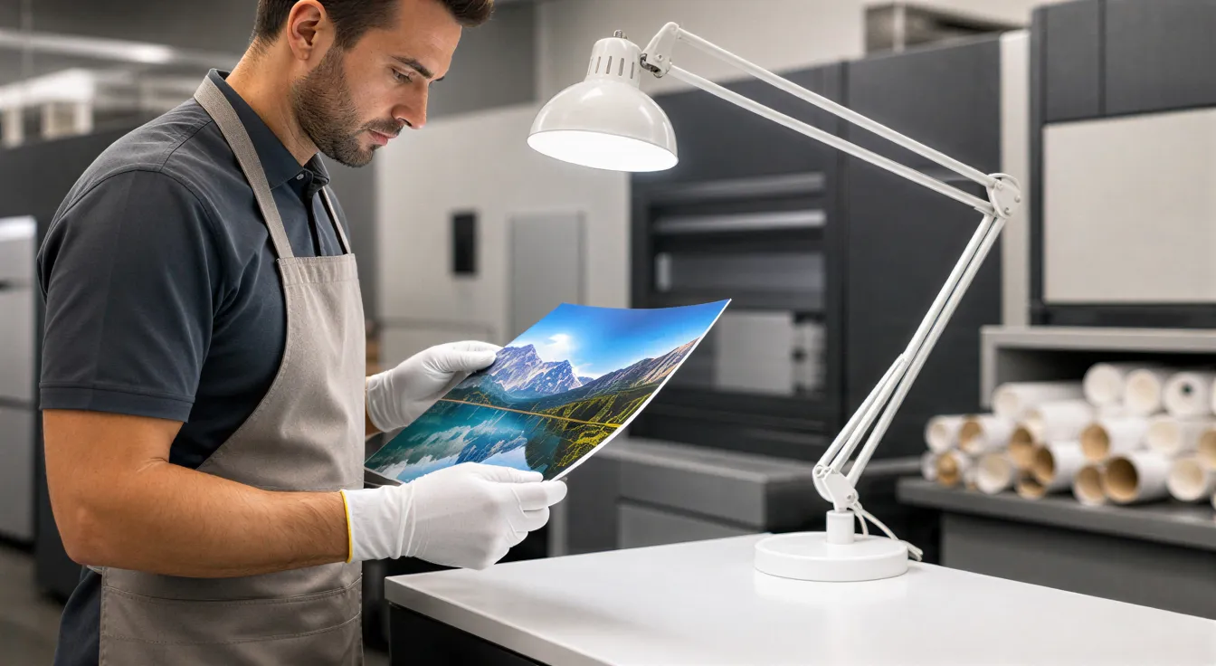 Ein Techniker prüft ein frisch gedrucktes Hochglanz-Broschüre in einer modernen Druckerei.