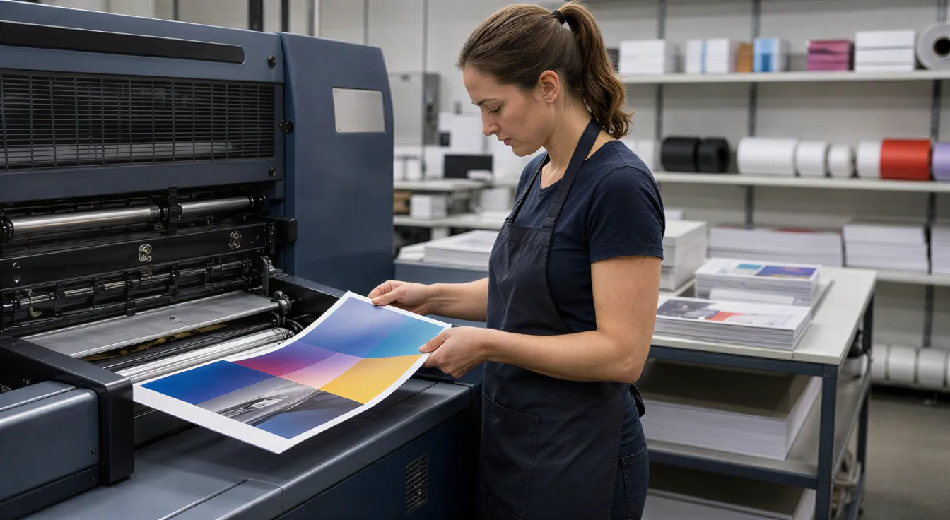 Eine Druckerin in Stuttgart prüft ein farbenfrohes Flugblatt an einer modernen Druckmaschine in einer sauberen Werkstatt.